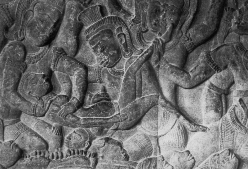 Bas relief at Angkor Wat, circa 1150, depicting a demon performing a massage abortion upon a woman who has been sent to the underworld. (MALCOLM POTTS/WIKIMEDIA COMMONS)