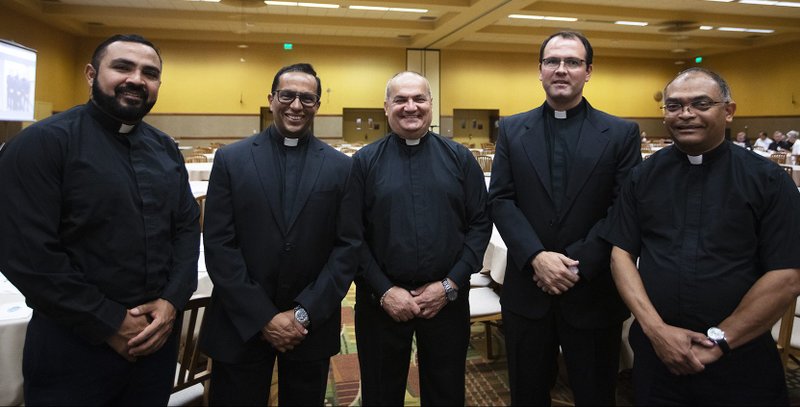 Five of the Venezuelan priests serving in the Archdiocese of Los Angeles, from left to right: Father Alexander Hernandez, CSsR; Father Miguel Acevedo; Father Freddy Gonzalez; Father Ever Quintero; and Father Rolando Sierra.(Victor Alemán)