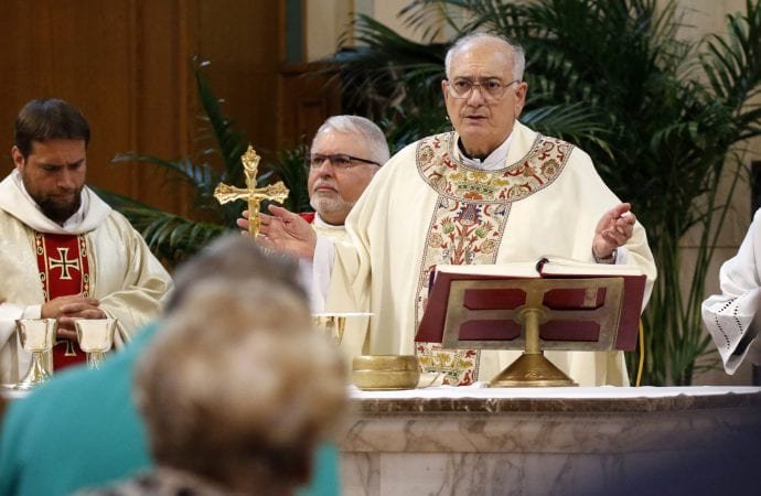 Bishop Nicholas DiMarzio of Brooklyn, N.Y., concelebrates Mass June 16, 2019, at St. Athanasius Church in Brooklyn. The bishop's pastoral visit to the parish coincided with his 75th birthday. (CNS photo/Gregory A. Shemitz via Crux)