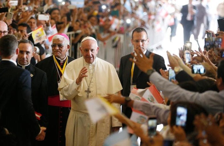 Archbishop Miguel Cabrejos Vidarte, president of the Peruvian bishops' conference, is seen with Pope Francis in Trujillo, Peru, Jan. 20, 2018. He was elected to head the Latin American bishops' council, or CELAM, during a May 15, 2019, meeting of bishops from 22 Latin American and Caribbean bishops' conferences. (Paul Haring/CNS)