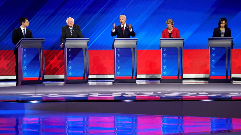 Former U.S. Vice President Joe Biden speaks during the 2020 Democratic presidential debate in Houston Sept. 12, 2019. Other candidates pictured are Mayor Pete Buttigieg of South Bend, Ind., and Sens. Bernie Sanders, D-Vt., Elizabeth Warren, D-Mass., and Kamala Harris, D-Calif. (CNS photo/Mike Blake, Reuters)