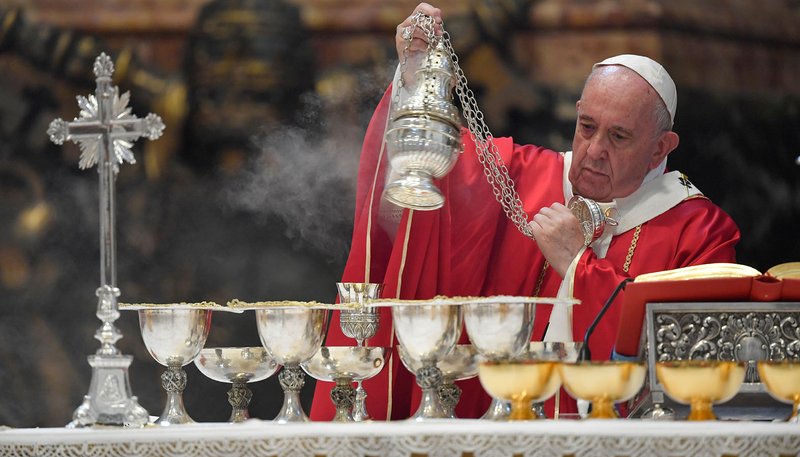 Pope Francis celebrates Mass in memory of cardinals and bishops who died in the past year. The Mass was Nov. 4, 2019, in St. Peter's Basilica at the Vatican. (CNS photo/Vatican Media)