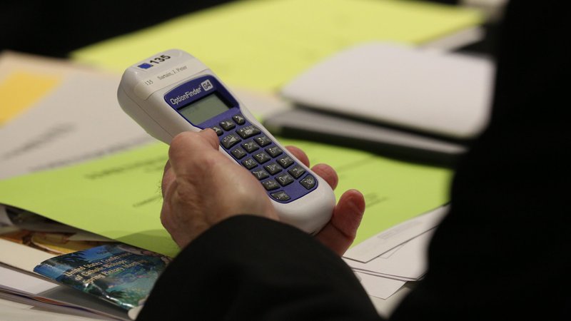 A prelate prepares to vote June 14, 2018, during the U.S. Conference of Catholic Bishops' annual spring assembly in Fort Lauderdale, Fla. When they meet Nov. 11-13 in Baltimore, the bishops are expected to vote on a revised set of strategic priorities to take them into the next decade. (CNS photo/Bob Roller)