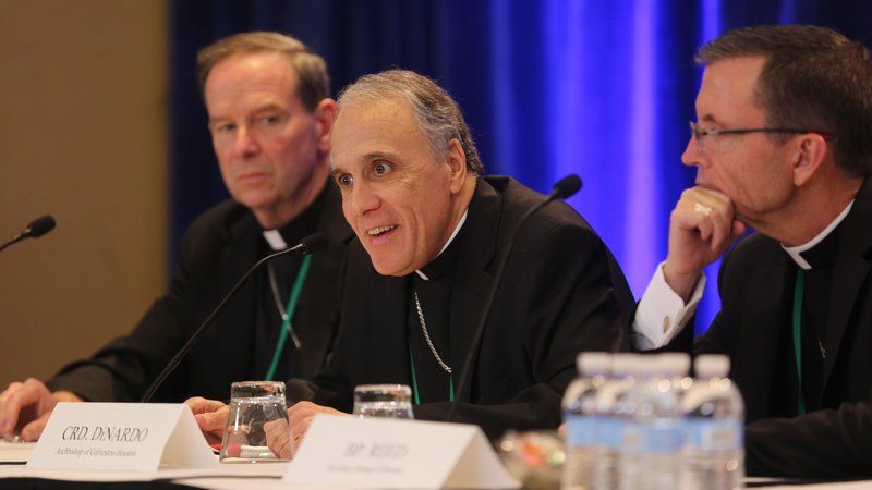 Cardinal Daniel N. DiNardo of Galveston-Houston, president of the U.S. Conference of Catholic Bishops, smiles during a news conference at the fall general assembly of the USCCB in Baltimore Nov. 11, 2019. Also pictured are: Bishop Michael F. Burbidge of Arlington, Va., and Auxiliary Bishop Robert P. Reed of Boston. (CNS photo/Bob Roller)