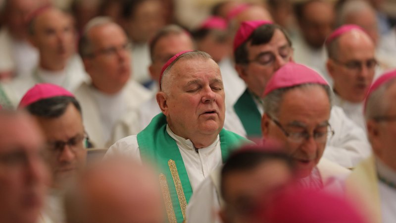 Miami Archbishop Thomas G. Wenski prayed at Mass during the fall general assembly of the U.S. Conference of Catholic Bishops in Baltimore Nov. 11, 2019. (CNS photo/Bob Roller)
