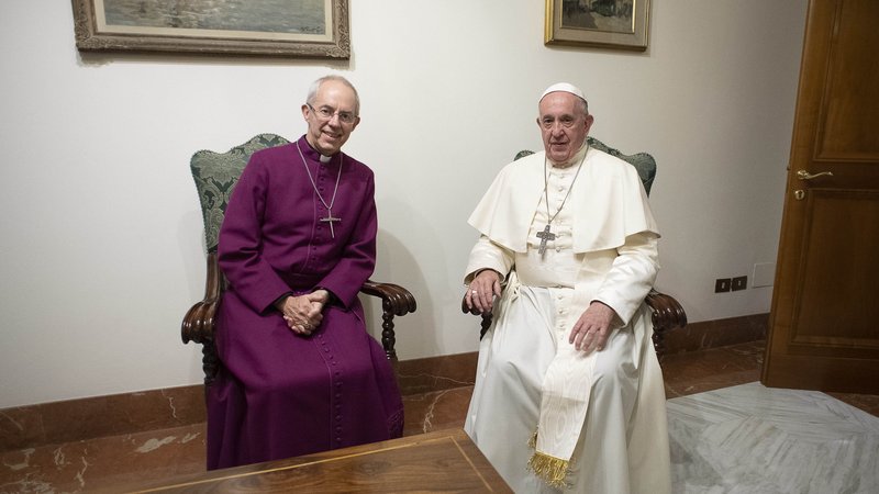 Pope Francis and Anglican Archbishop Justin Welby of Canterbury, leader of the Anglican Communion, meet Nov. 13, 2019, in the pope’s Vatican residence, the Domus Sanctae Marthae. The Vatican press office said the pope and archbishop agreed they would travel together to South Sudan if political leaders there manage to fulfill their promise to form a transitional government of national unity within the next 100 days. (CNS photo/Vatican Media)