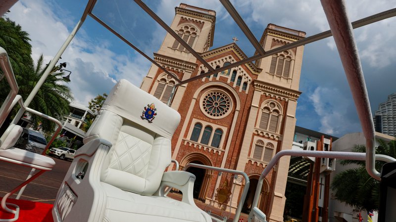 The popemobile is seen in front of a Catholic church in Bangkok Nov. 12, 2019, ahead of Pope Francis' visit. The pope will visit Thailand Nov. 20-23 to celebrate the 350th anniversary of the establishment of the Apostolic Vicariate of Siam Mission, the first Catholic jurisdiction in what was to become Thailand. (CNS photo/Soe Zeya Tun, Reuters)