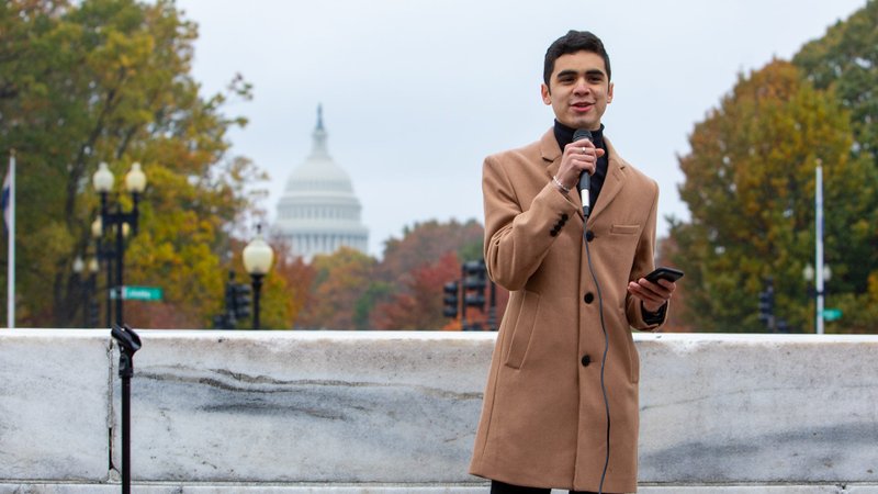 Saul Rascon Salazar speaks during the Ignatian Solidarity Network "public witness" gathering near the U.S. Capitol in Washington Nov. 18, 2019. Salazar, a freshman at Loyola Marymount University in Los Angeles, is a beneficiary of the Deferred Action for Childhood Arrivals program. He said he was 5 when his parents brought him to the United States and was 15 before he learned he was in this country without documents. (CNS photo/Doris Sump, courtesy Ignatian Solidarity Network)