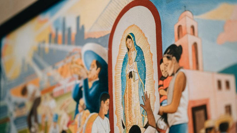 This painting by artist Lalo Garcia seen Nov. 20, 2019, is part of an exhibit in honor of Our Lady of Guadalupe and St. Juan Diego at the Cathedral of Our Lady of the Angels in Los Angeles that will be open to the public until Dec. 16. St. Juan Diego's feast day is Dec. 9 and Our Lady of Guadalupe's feast day is Dec. 12. (CNS photo/courtesy Archdiocese of Los Angeles)