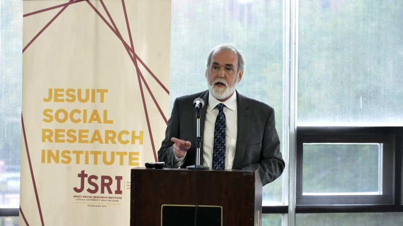 Dennis Kalob, economic policy specialist of the Jesuit Social Research Institute of Loyola University New Orleans, speaks during a Nov. 21, 2019, news conference. Kalob said the five states of the Gulf South rank near the bottom of the "JustSouth Index" measuring poverty, racial disparity and immigrant exclusion. The report calls for raising the federal minimum wage and increasing access to health care. (CNS photo/Peter Finney Jr., Clarion Herald)