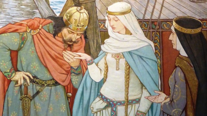 Malcolm greeting Margaret at her arrival in Scotland; detail of a mural by Victorian artist William Hole. (WIKIMEDIA COMMONS)