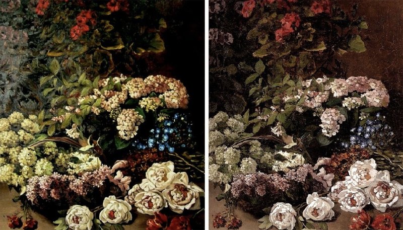 "Spring Flowers" by Monet. Finished copy on the left; OrIginal photo on the right. (Screenshot via Tonytetro.com)
