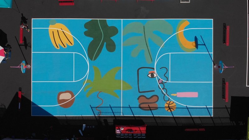 A drone image of the new St. Turibius School basketball court and mural. (St. Turibius School)