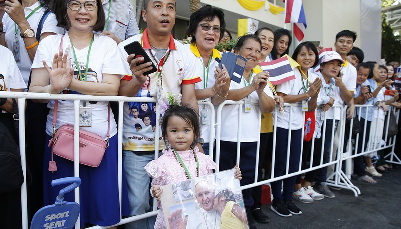 People wait outside as Pope Francis meets with medical personnel at St. Louis Hospital in Bangkok Nov. 21, 2019. (CNS photo/Paul Haring)