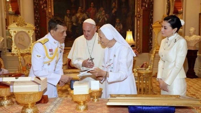 In this photo released by The Royal Household Bureau, Thai King Maha Vajiralongkorn talks to Pope Francis, his cousin Ana Rosa Sivori, and Thai Queen Suthida at Dusit Palace Thursday, Nov. 21, 2019, in Bangkok, Thailand. (The Royal Household Bureau/AP via Crux)