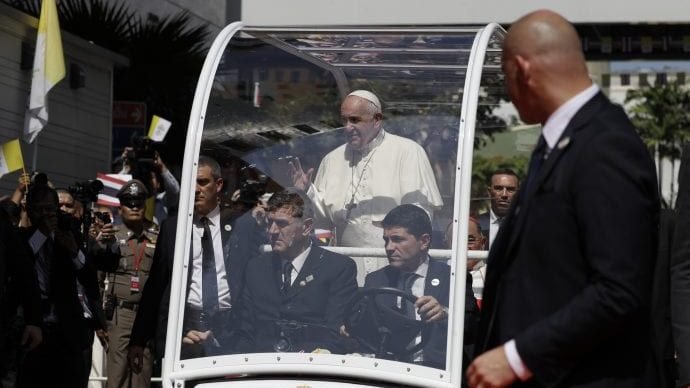 Pope Francis, center, waves from the popemobile at St. Louis Hospital, Thursday, Nov. 21, 2019, in Bangkok, Thailand. (Gregorio Borgia/AP via Crux)