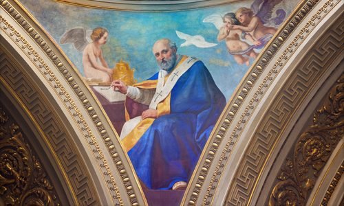 The fresco of St. Leo the Great in cupola of church Chiesa di San Massimo Paolo Emilio Volgari. (Renata Sedmakova / Shutterstock.com)