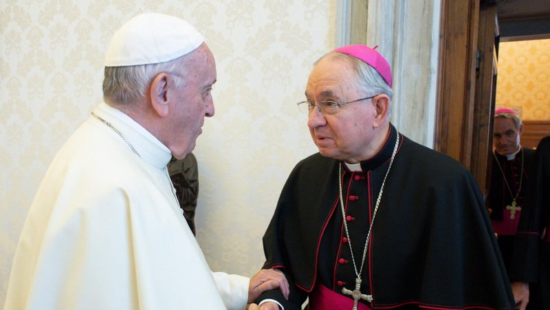 Pope Francis greets Archbishop José H. Gomez during a meeting Sept. 13, 2019. (CNS photo/Vatican Media)