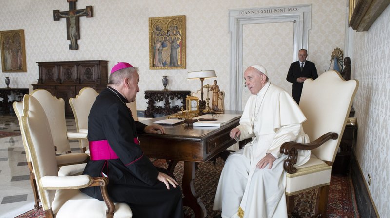 Archbishop Luigi Ventura, the Vatican nuncio to France, meets with Pope Francis at the Vatican in this file photo from Oct. 18, 2018. (CNS photo/Vatican Media)
