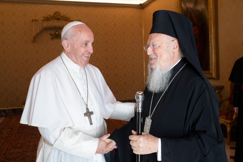 Pope Francis and Ecumenical Patriarch Bartholomew of Constantinople meet privately at the Vatican Sept. 17. (Vatican Media/Catholic News Service)