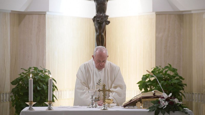 Pope Francis celebrates morning Mass in the chapel of his residence, the Domus Sanctae Marthae, at the Vatican Dec. 3, 2019. (CNS photo/Vatican Media)