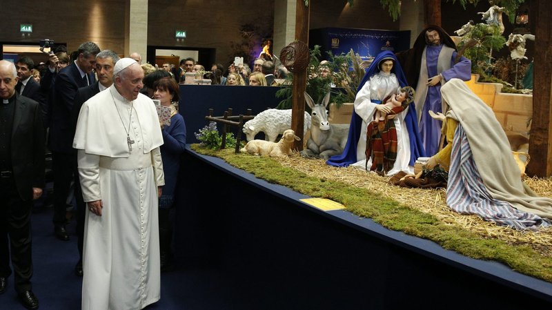 Pope Francis visits the exhibit, "100 Nativity Scenes at the Vatican," near the Vatican in Rome Dec. 9, 2019. (CNS photo/Paul Haring)