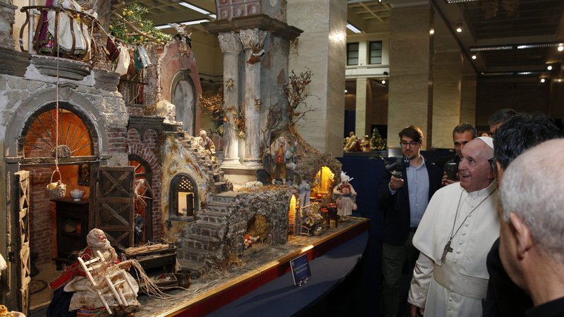 Pope Francis visits the exhibit, "100 Nativity Scenes at the Vatican," near the Vatican in Rome Dec. 9, 2019. (CNS photo/Paul Haring)