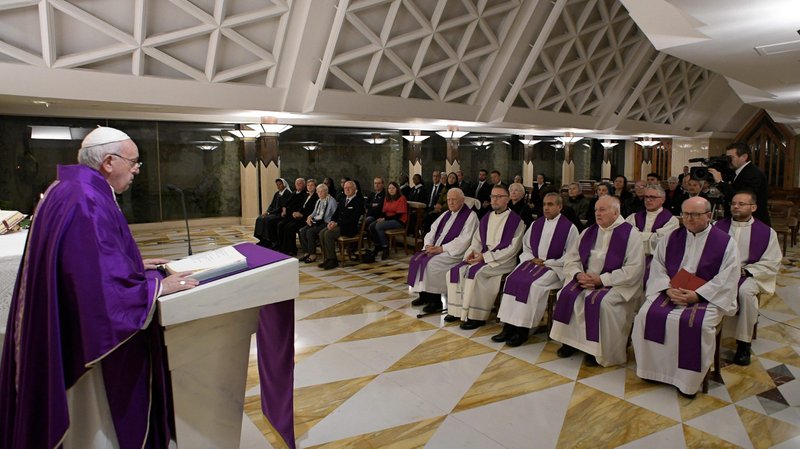 Pope Francis celebrates morning Mass in the chapel of his residence, the Domus Sanctae Marthae, at the Vatican Dec. 10, 2019. The pope said God will console anyone who lets himself or herself be consoled; all that is needed is to ask forgiveness. (CNS photo/Vatican Media)