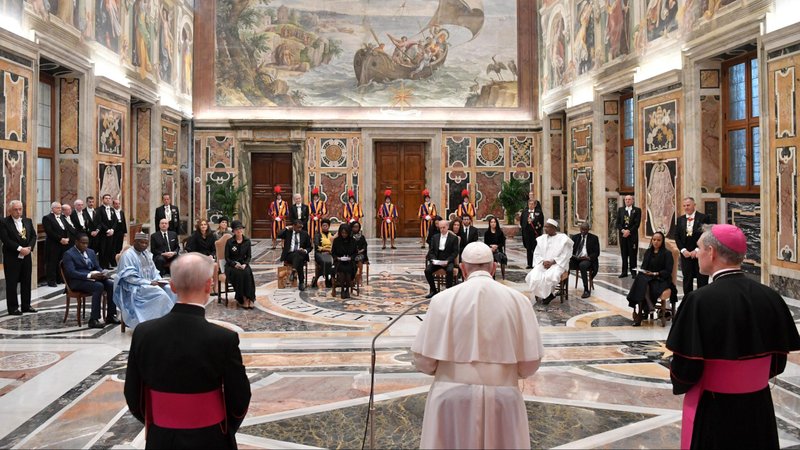 Pope Francis meets in the apostolic palace Dec. 19, 2019, with six new ambassadors to the Vatican who were presenting their letters of credential to the pope. The new ambassadors represented Kenya, Niger, Mali, Latvia, Andorra and Seychelles. (CNS photo/Vatican Media)
