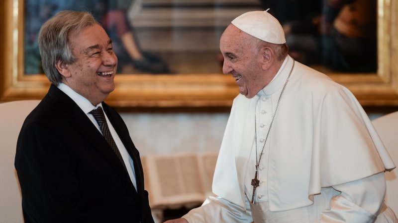 Pope Francis shares a light moment with U.N. Secretary-General Antonio Guterres during a private audience at the Vatican Dec. 20, 2019. (CNS photo/Filippo Monteforte, pool via Reuters)