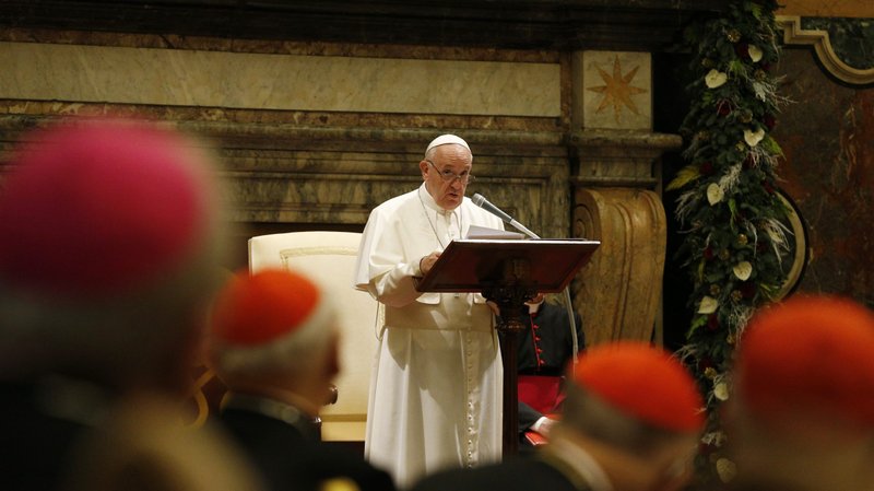 Pope Francis speaks during his annual audience to give Christmas greetings to members of the Roman Curia at the Vatican Dec. 21, 2019. (CNS photo/Paul Haring)