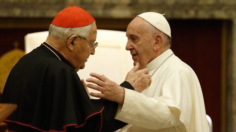 Pope Francis greets Cardinal Angelo Sodano, now dean emeritus of the College of Cardinals, during his annual audience to give Christmas greetings to members of the Roman Curia at the Vatican Dec. 21, 2019. The pope has accepted the resignation of Cardinal Sodano as dean of the College of Cardinals. The pope changed the norms to specify that the dean would be elected to a five-year term, renewable once, instead of being elected for life or until choosing to resign. (CNS photo/Paul Haring)