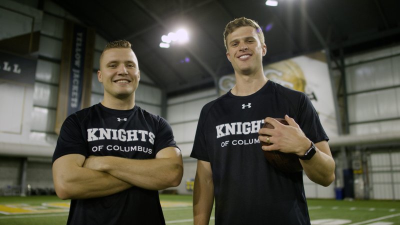 Grant Aasen, left, and Kansas City Chiefs kicker Harrison Butker are seen in this undated photo. They were teammates at Georgia Tech. (CNS photo/courtesy Knights of Columbus)