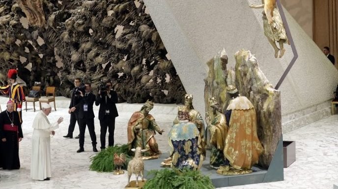 Pope Francis blesses a nativity scene during his weekly general audience, in the Pope Paul VI hall, at the Vatican, Wednesday, Dec. 5, 2018. (Andrew Medichini/AP via Crux)