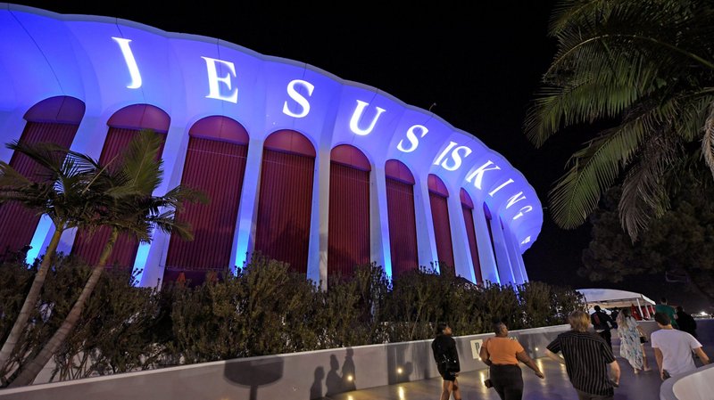 Signage on the side of the venue during Kanye West's "Jesus Is King" album and film experience at The Forum Oct. 23 in Inglewood. (Kevin Winter/Getty Images for ABA)