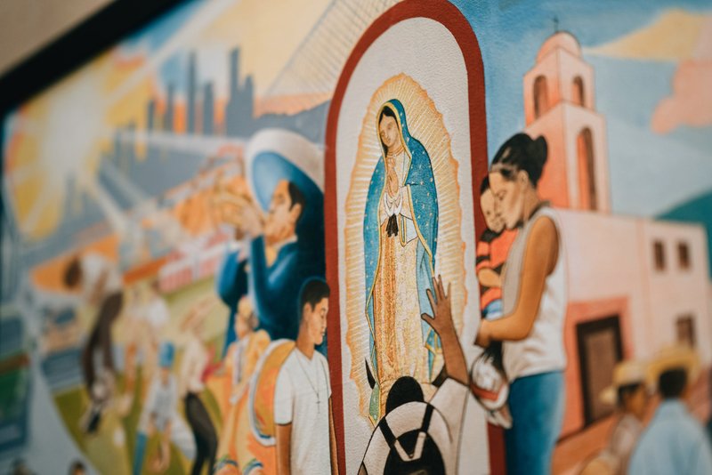 This painting by artist Lalo Garcia seen Nov. 20, 2019, is part of an exhibit in honor of Our Lady of Guadalupe and St. Juan Diego at the Cathedral of Our Lady of the Angels in Los Angeles that will be open to the public until Dec. 16. (Archdiocese of Los Angeles)