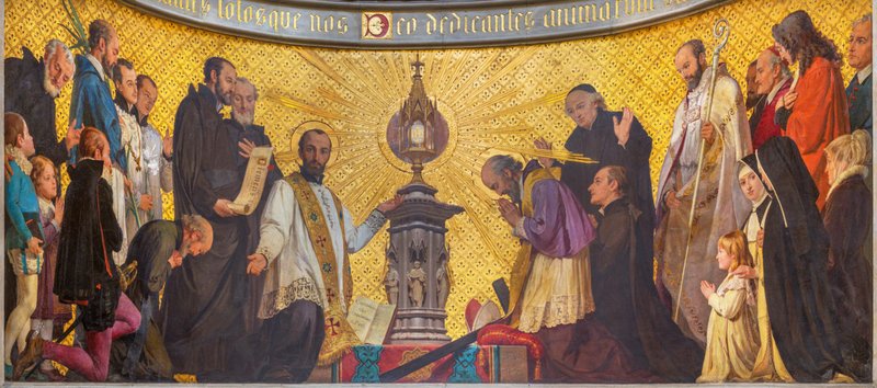A fresco by Enrico Reffo (1831-1917) depicting "The adoration of saints in front of the Eucharist" in the Chiesa di San Dalmazzo in Turin, Italy. (Renata Sedmakova / Shutterstock.com)