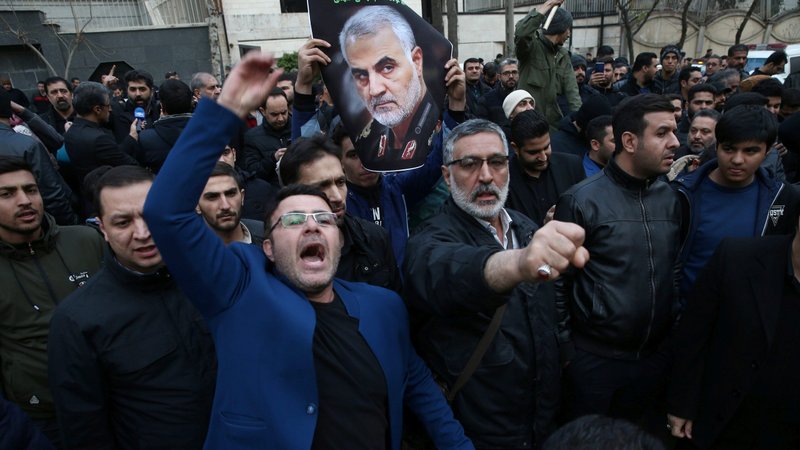 Demonstrators react during a Jan. 3, 2020, protest in front of U.N. offices in Tehran, Iran, after Iranian Maj. Gen. Qassem Soleimani was killed in a U.S. drone airstrike at Baghdad International Airport earlier that day. (CNS photo/Nazanin Tabatabaee, West Asia News Agency via Reuters)