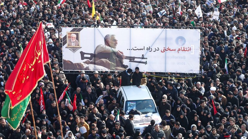 Mourners attend a funeral procession for Iranian Maj. Gen. Qassem Soleimani and Iraqi militia commander Abu Mahdi al-Muhandis in Tehran, Iran, Jan. 6, 2020. The two men were killed Jan. 3 in a U.S. drone airstrike at Baghdad International Airport. (CNS photo/Nazanin Tabatabaee/, West Asia News Agency via Reuters)