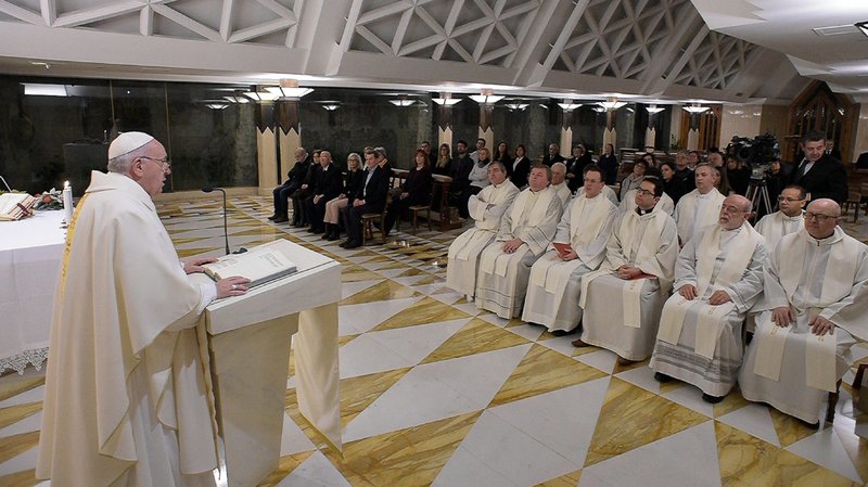 Pope Francis deliver the homily during morning Mass in the chapel of his residence, the Domus Sanctae Marthae, at the Vatican Jan. 9, 2020. People cannot call themselves Christians if they sow the seeds of war, Pope Francis said. (CNS photo/Vatican Media)