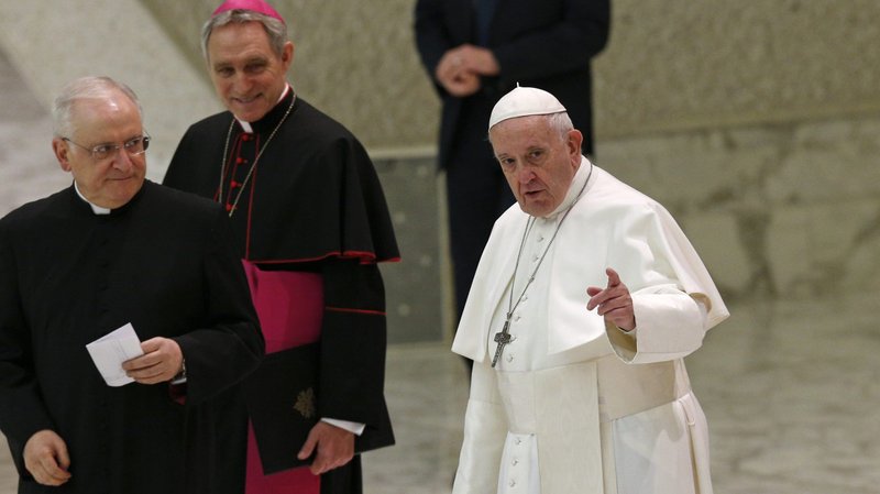 Pope Francis gestures as he leads his general audience in Paul VI hall at the Vatican Jan. 15, 2020. (CNS photo/Paul Haring)
