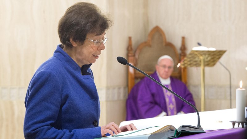 Pope Francis named Francesca Di Giovanni, a longtime Vatican official, as an undersecretary in the Vatican's foreign ministry office, making her the first woman to hold a managerial position at the Vatican Secretariat of State. She is pictured in an undated photo with Pope Francis. (CNS photo/Vatican Media)