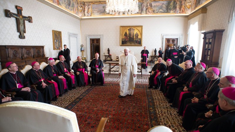 Pope Francis attends a meeting with U.S. bishops from Iowa, Kansas, Missouri and Nebraska during their "ad limina" visits to the Vatican Jan. 16, 2020. The bishops were making their "ad limina" visits to report on the status of their dioceses to the pope and Vatican officials. (CNS photo/Vatican Media)