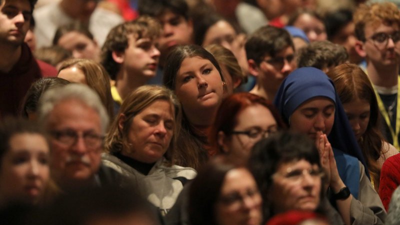 An overflow crowd is seen outside the crypt church of the Basilica of the National Shrine of the Immaculate Conception in Washington during the opening Mass of the National Prayer Vigil for Life Jan. 23, 2020. The Mass was upstairs, in the main basilica. (CNS photo/Bob Roller)