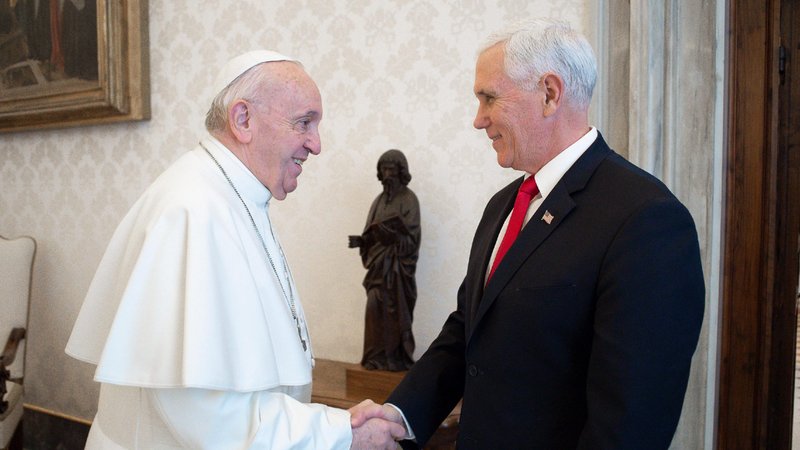 Pope Francis greets U.S. Vice President Mike Pence during a private meeting at the Vatican Jan. 24, 2020. (CNS photo/Vatican Media)