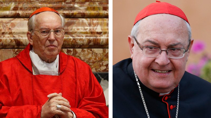 The Vatican announced Jan. 25, 2020, that Pope Francis has approved the election of Italian Cardinal Giovanni Battista Re as dean of the College of Cardinals and of Argentine Cardinal Leonardo Sandri as the subdean. The two cardinals are pictured in a June 7, 2019, and Oct. 16, 2014, combination photo. (CNS photo/Paul Haring)