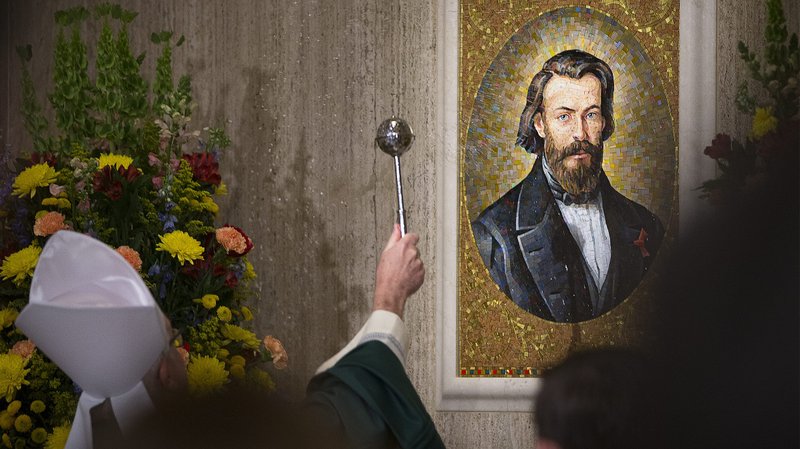 Bishop Donald J. Hying of Madison, Wis., blesses a mosaic of Blessed Frederic Ozanam at the Basilica of the National Shrine of the Immaculate Conception in Washington Jan. 26, 2020. Ozanam was part of a group of young Catholic intellectuals in the 19th century who discussed literature, history and society, while also visiting the poor and sick at home. The group founded what came to be known as the Society of St. Vincent de Paul, which is still active worldwide. (CNS photo/Tyler Orsburn)