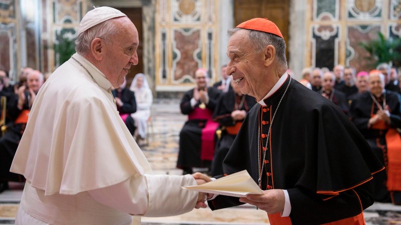 Pope Francis greets Cardinal Luis Ladara, prefect of the Congregation for the Doctrine of the Faith, at the Vatican Jan. 30, 2020, during the congregation's plenary meeting. (CNS photo/Vatican Media)