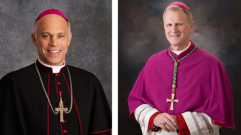 Archbishop Salvatore J. Cordileone of San Francisco and Bishop James V. Johnston Jr. of Kansas City-St. Joseph, Mo., agreed on a local food wager for Super Bowl LIV Feb. 2 in Miami. If the San Francisco 49ers lose, Archbishop Cordileone will send local Dungeness Crabs to Bishop Johnston, and if the Kansas City Chiefs lose, Bishop Johnston will send Kansas City Steak Company Steaks to Archbishop Cordileone. The two prelates are pictured in a combination photo. (CNS files)