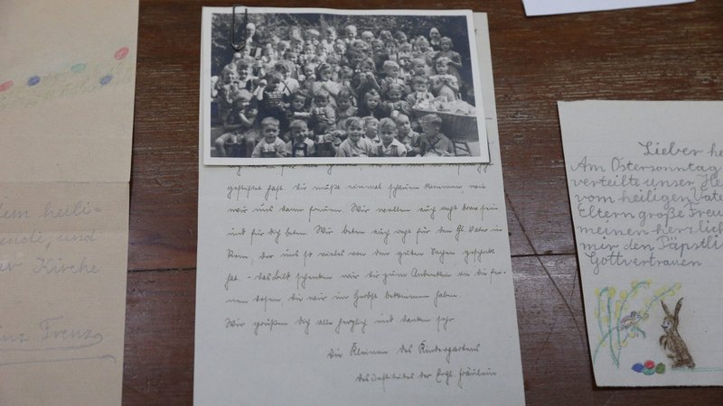 Letters from needy German children thanking Pope Pius XII in 1948 for gifts he sent for their first Communions are displayed among materials from his pontificate in the Vatican Apostolic Archives at the Vatican Feb. 27, 2020. Journalists previewed the archives in advance of the March 2 opening of materials on the World War II pontificate of Pope Pius XII. (CNS photo/Paul Haring)